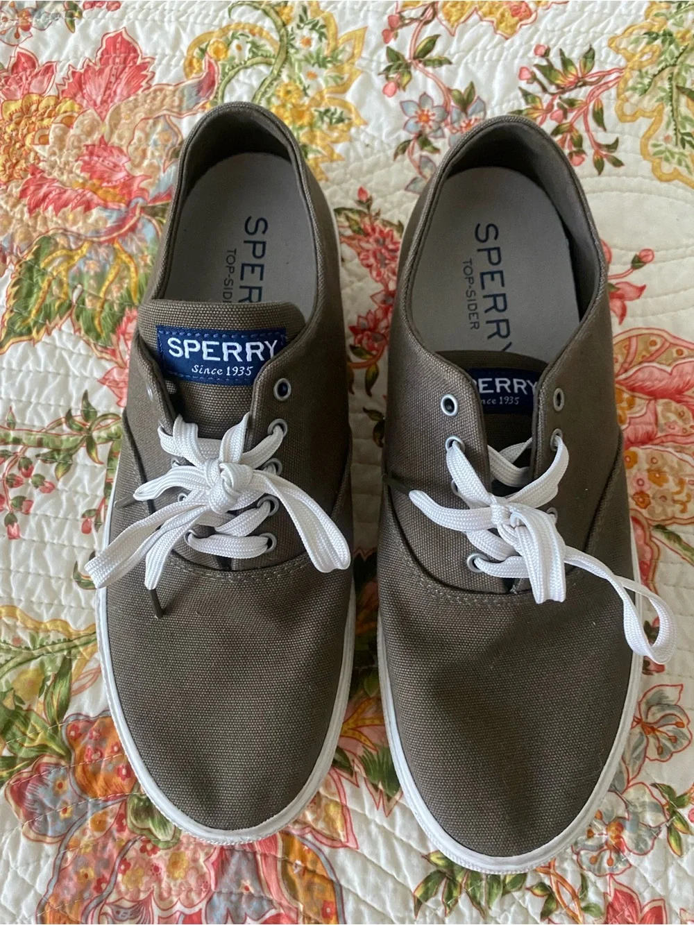 Sperry Olive Canvas Boat Shoes with White Laces